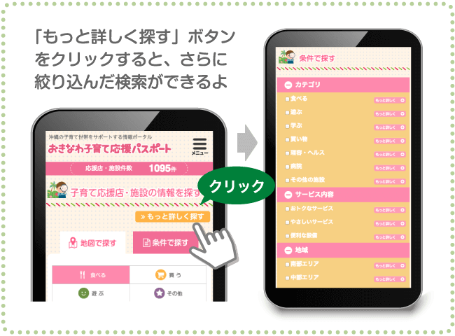 「もっと詳しく探す」ボタンをクリックすると、さらに絞り込んだ検索ができるよ